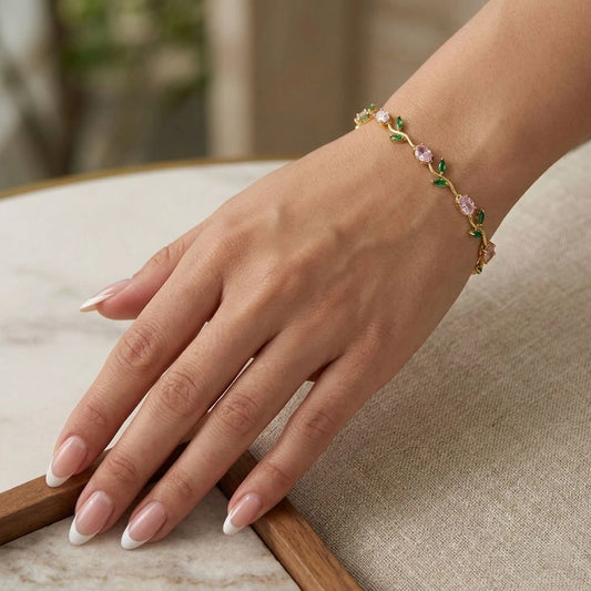 Elegant Pink Floral Vine Bracelet – Gold Plated Crystal Leaf Bracelet for Women