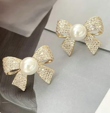 Bow Shaped Zircon Pearl Earrings for Women Girls