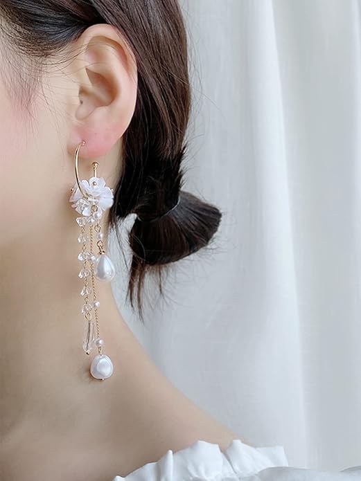 Gold Tone Round Hoop Pearl Drop Earrings