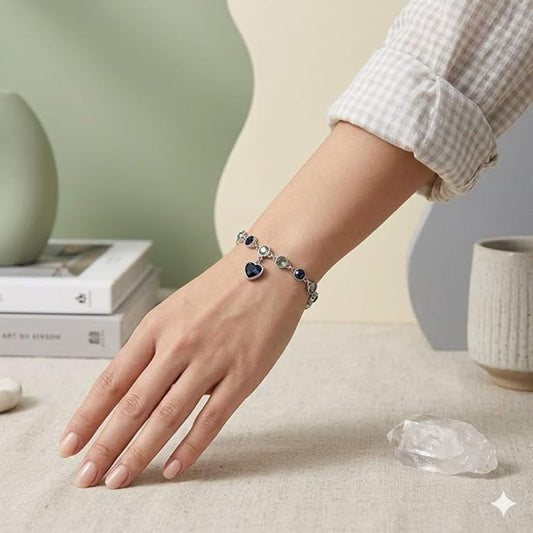 Royal Blue Crystal Heart Charm Silver Adjustable Bracelet