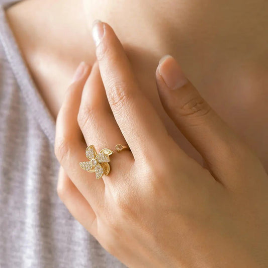 Women Gold Stone Windmill Adjustable Rotating Ring