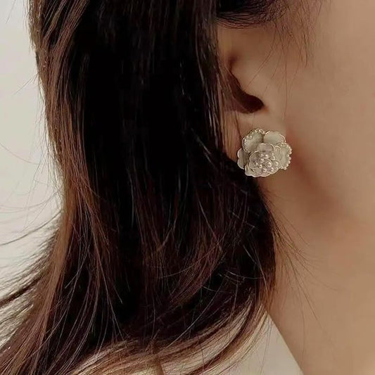 Korean Camellia Flower Pearl Stud Earrings