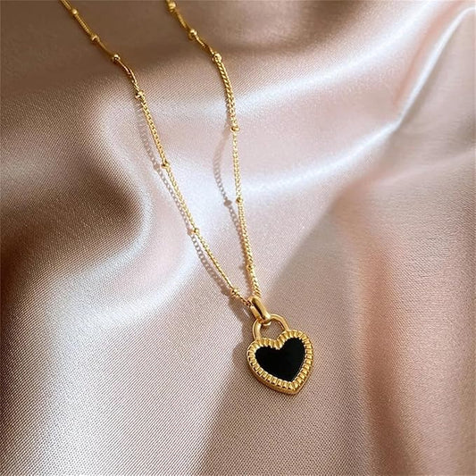 Gold Black White Double-Sided Heart Titanium Steel Necklace