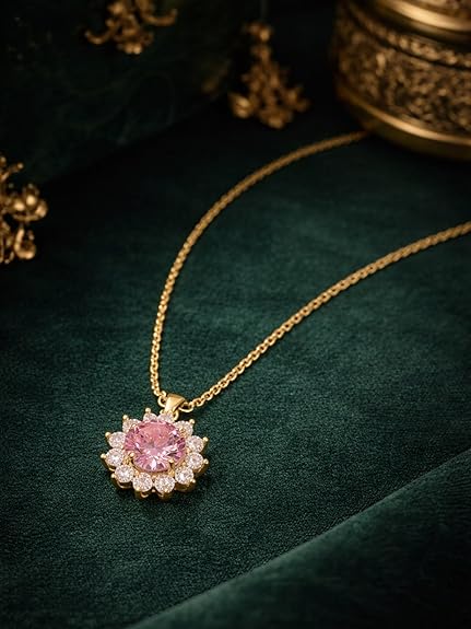 Gold Plated Pink CZ Floral Pendant Necklace