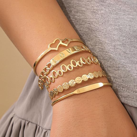 Gold Stackable Cuff Bracelet Set Non Tarnish Minimalist