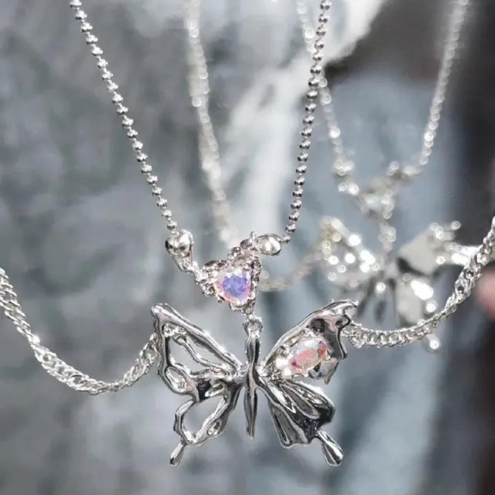 Butterfly Rhodium Silver Necklace Set