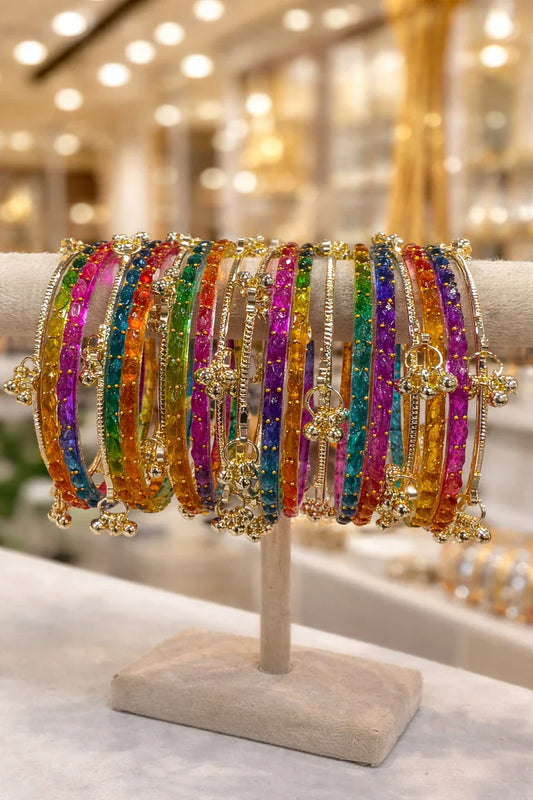 Kashmiri Glass Bangles Set – Golden, Multi Color, Ghungroo