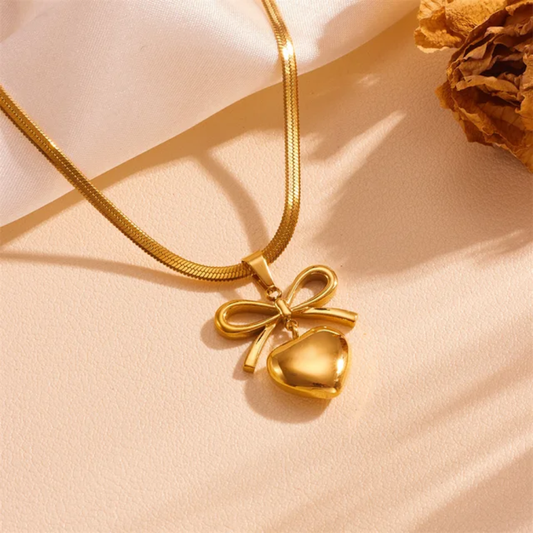 Gold Plated Bow Knot Heart Pendant Chain