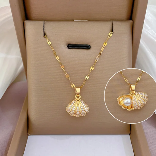 Pearl & Shell Motif Locket Set – Gold Stainless Steel