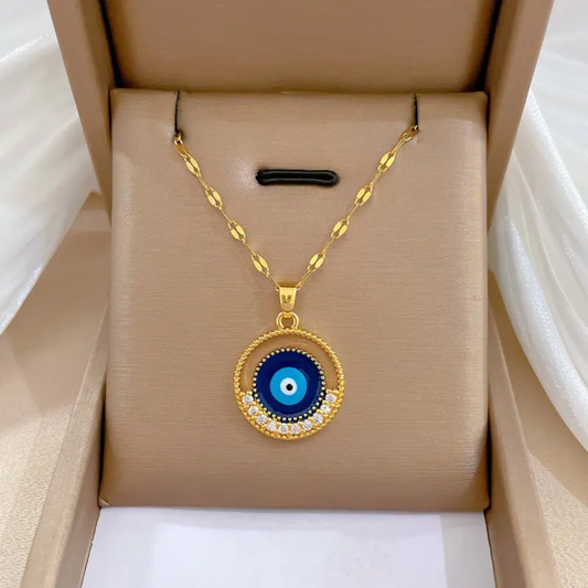 Gold Finish Blue Evil Eye Necklace – Anti-Tarnish