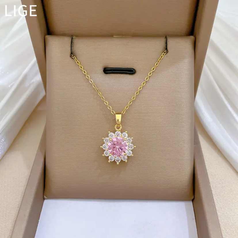 Gold Plated Pink CZ Floral Pendant Necklace