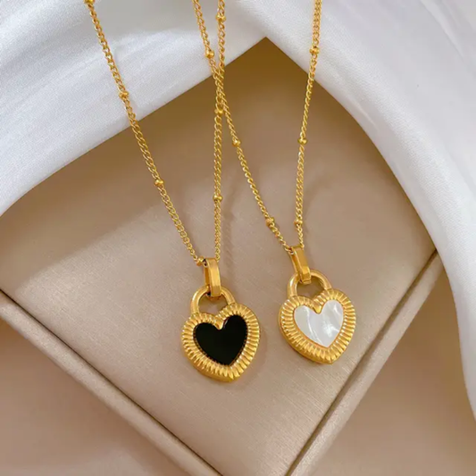 Gold Black White Double-Sided Heart Titanium Steel Necklace