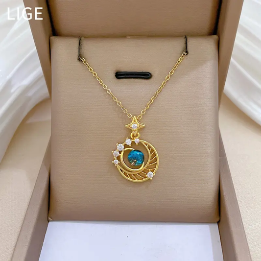 Gold Plated Planet Moon Star Crystal Galaxy Necklace