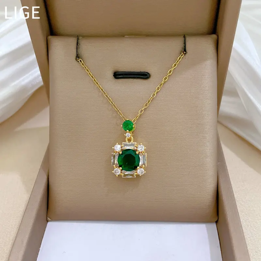 Green Emerald Crystal Necklace – 18K Gold Plated Steel