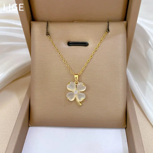 Gold Plated White Petal Four Leaf Clover Necklace