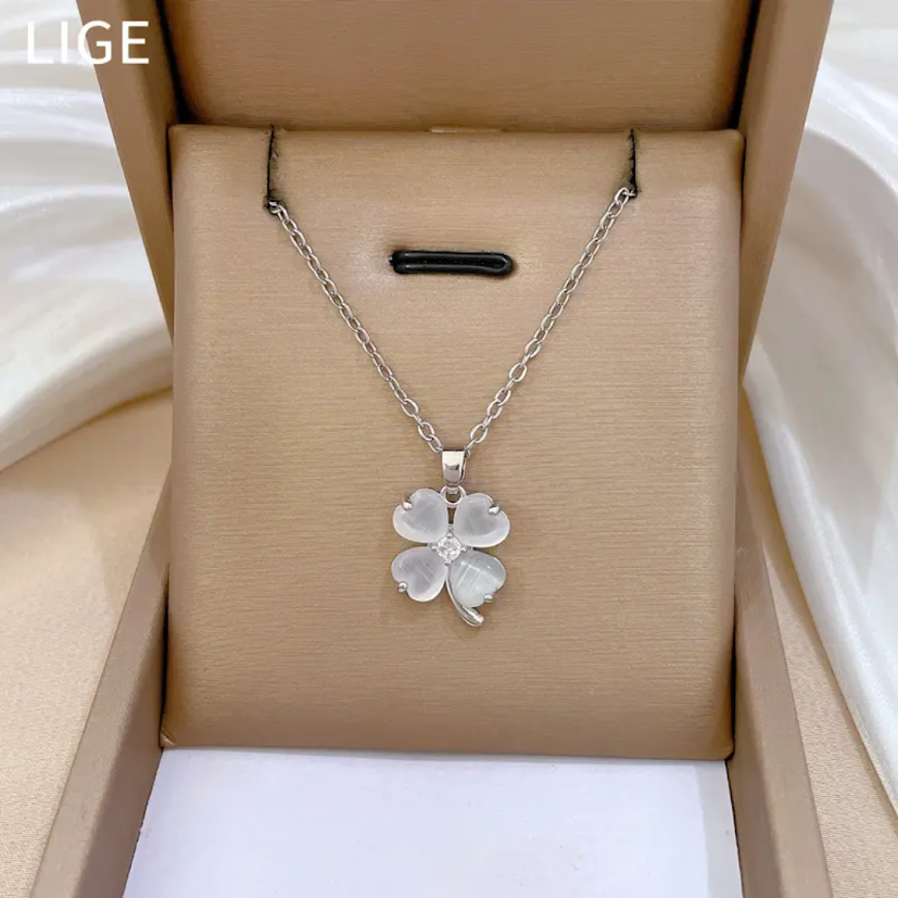 Gold Plated White Petal Four Leaf Clover Necklace