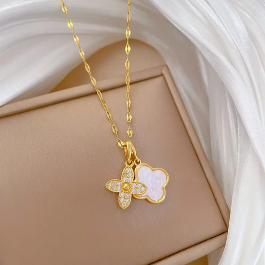 Gold Silver Four-Leaf Clover Zircon Pendant – Stainless Steel