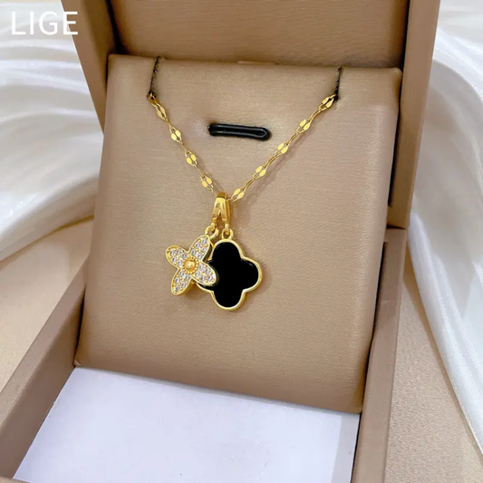Gold Silver Four-Leaf Clover Zircon Pendant – Stainless Steel