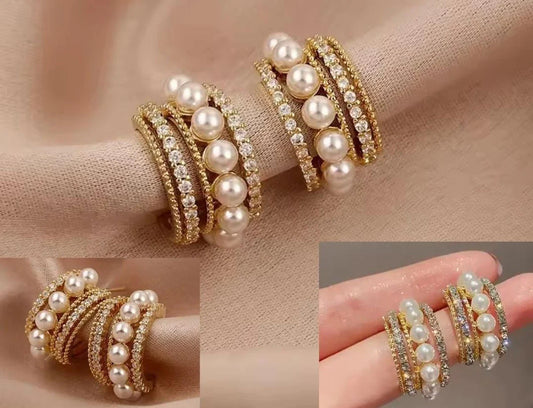 Korean Style Pearl Hoop CZ Dangle Earrings