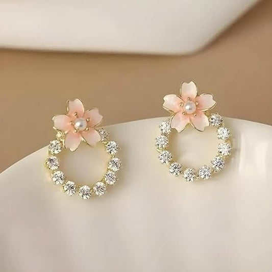 Gold Plated Crystal Flower Stud Earrings Korean Style Women