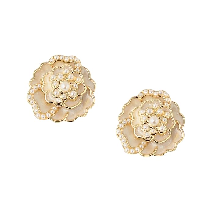 Korean Camellia Flower Pearl Stud Earrings