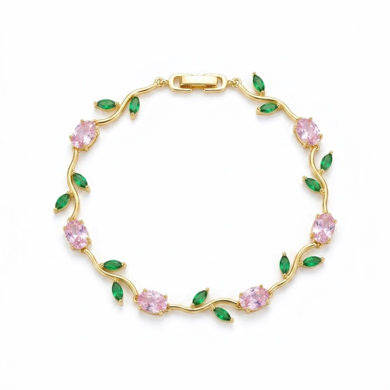 Elegant Pink Floral Vine Bracelet – Gold Plated Crystal Leaf Bracelet for Women