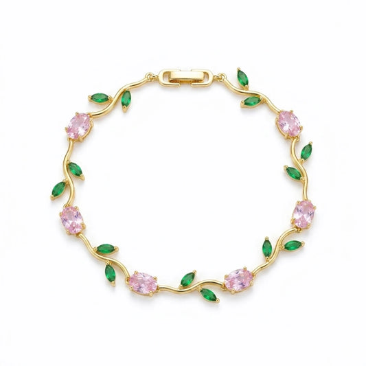 Elegant Pink Floral Vine Bracelet – Gold Plated Crystal Leaf Bracelet for Women