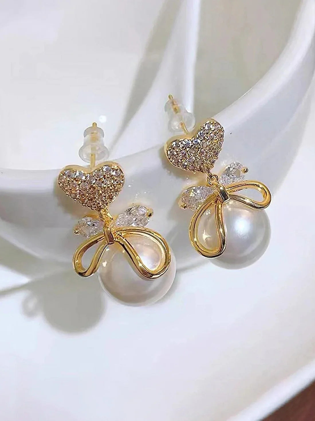 Gold Plated Korean Ad Heart Themed Pearl Drop Earrings
