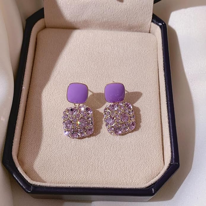 Premium Purple Square Crystal Earrings Korean Style Jewelry