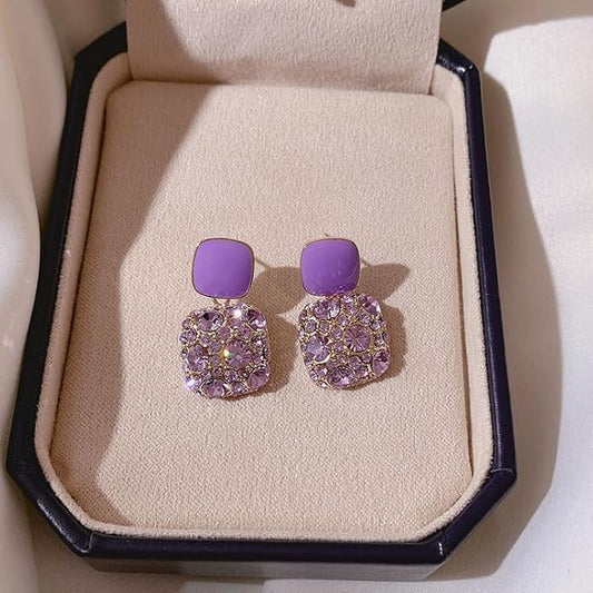 Premium Purple Square Crystal Earrings Korean Style Jewelry