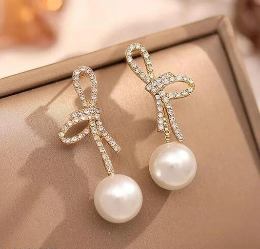 Korean Gold-Plated Crystals Studded & Pearls Beaded Circular Drop Earrings