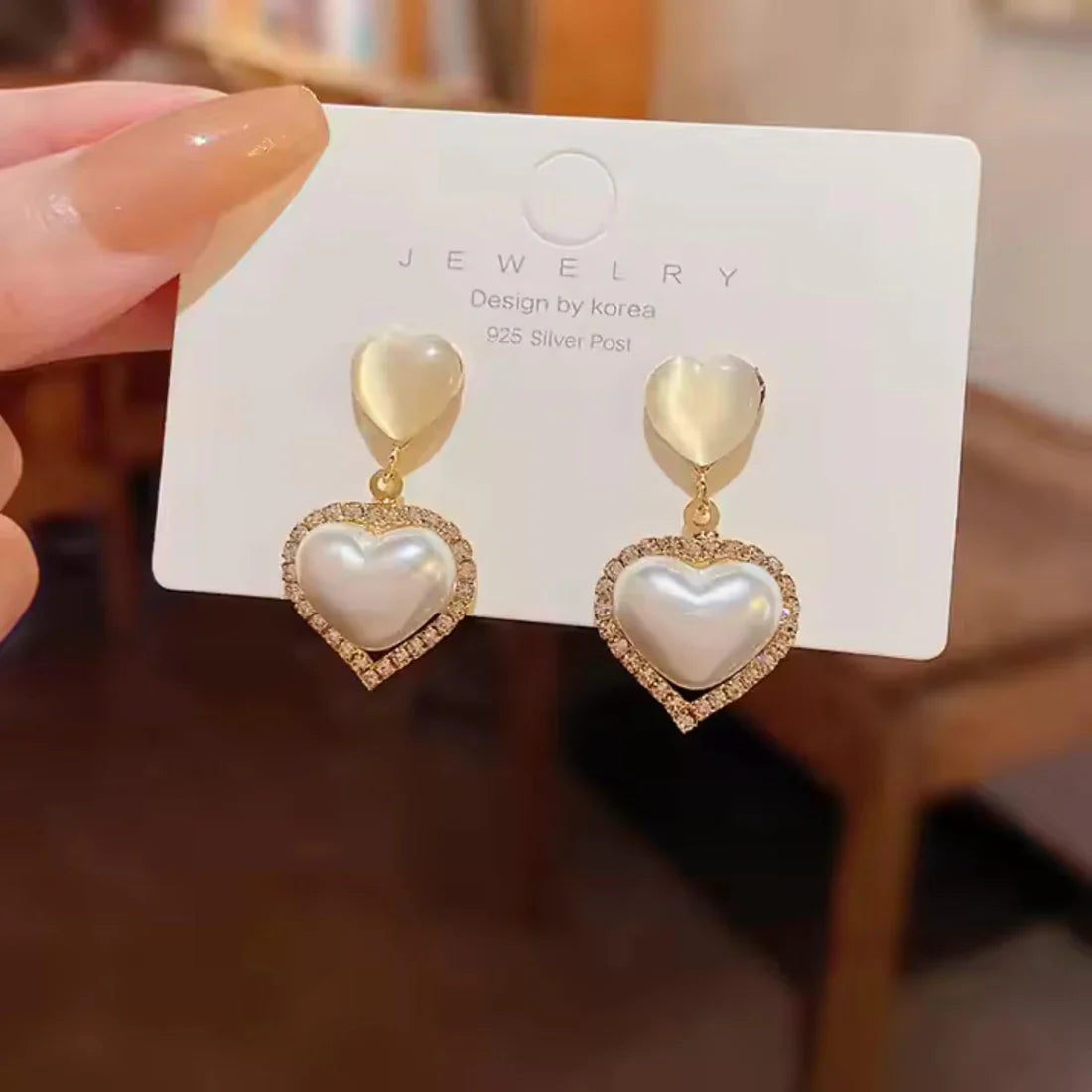 Gold Plated Artificial Stones Studded Heart Shape Drop Earrings