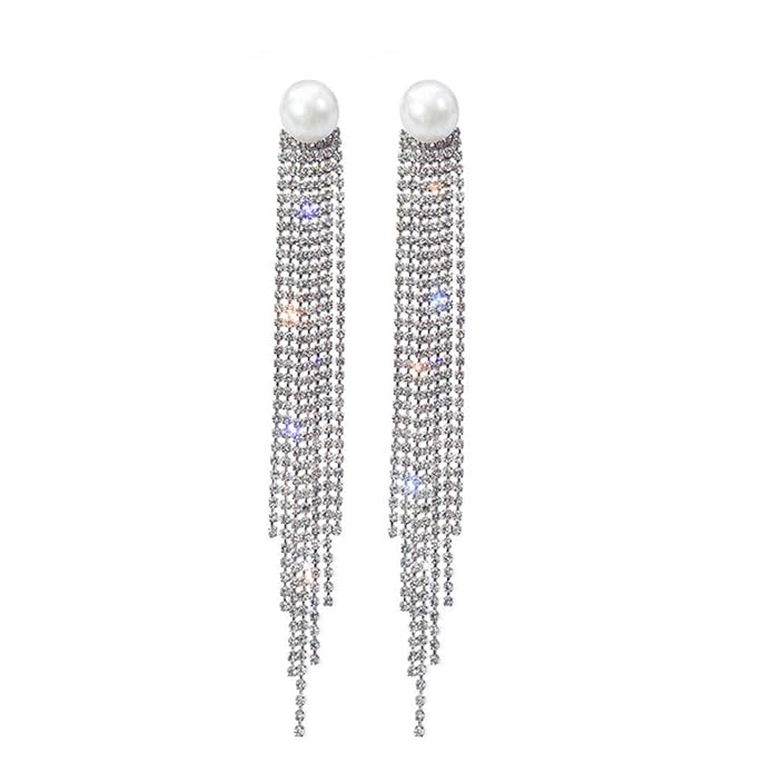 Rhinestone Long Tassel Pearl Crystal Chandelier Drop Earrings