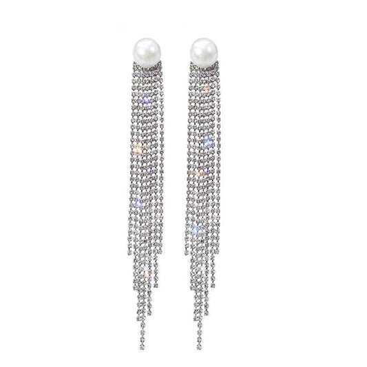 Rhinestone Long Tassel Pearl Crystal Chandelier Drop Earrings