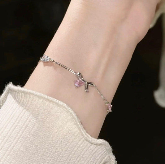 silver bow crystal charm pink white teardrop.