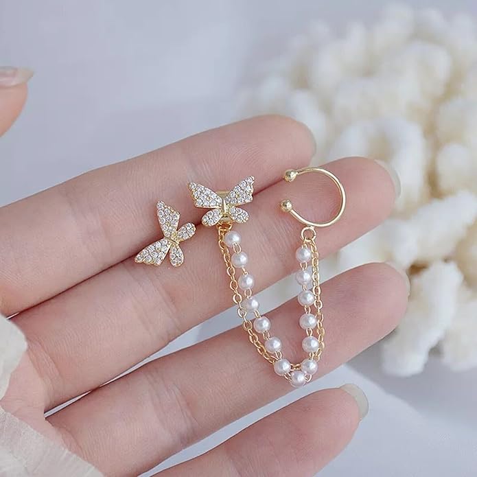 Gold Plated Korean Butterfly Pearl Stud Earrings Women
