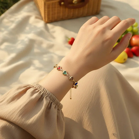 rainbow heart charm bracelet colorful crystal jewelry.