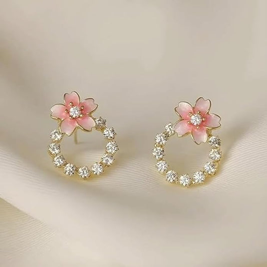 Gold Plated Crystal Flower Stud Earrings Korean Style Women