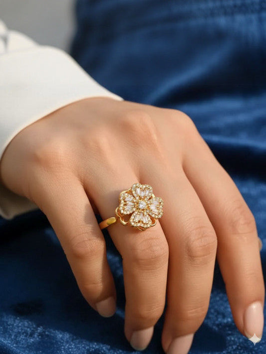 Gold‑Plated Rotating CZ Clover Adjustable Ring