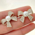 Bow Shaped Zircon Pearl Earrings for Women Girls
