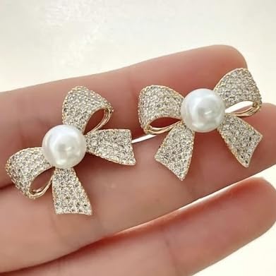 Bow Shaped Zircon Pearl Earrings for Women Girls