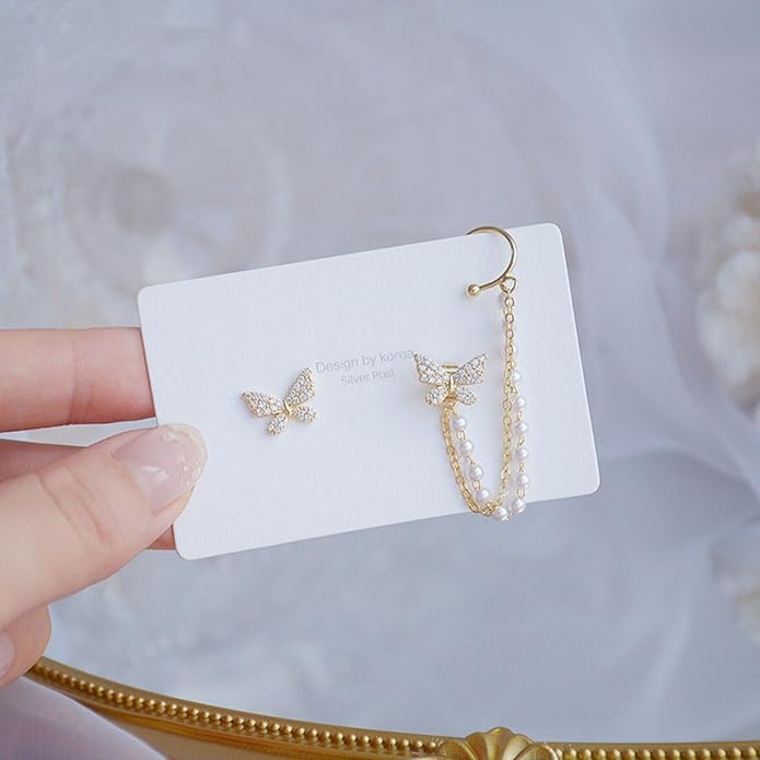 Gold Plated Korean Butterfly Pearl Stud Earrings Women