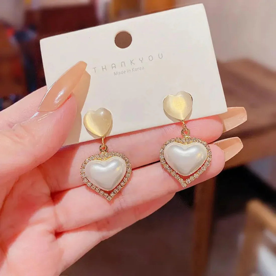 Gold Plated Artificial Stones Studded Heart Shape Drop Earrings