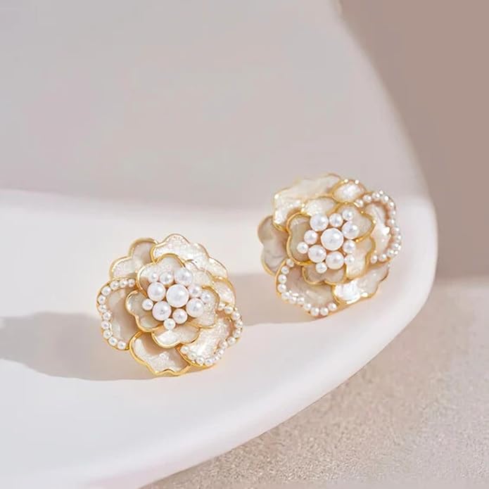 Korean Camellia Flower Pearl Stud Earrings