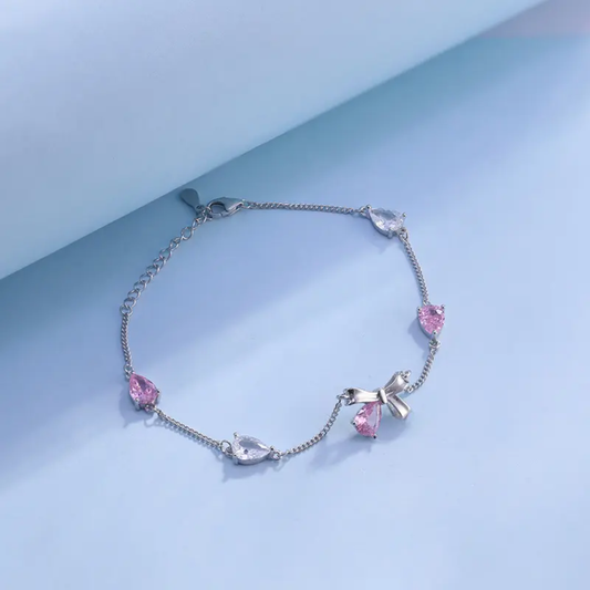 silver bow crystal charm pink white teardrop.