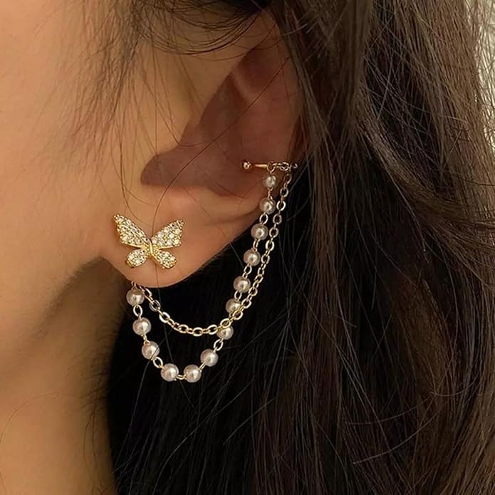 Gold Plated Korean Butterfly Pearl Stud Earrings Women