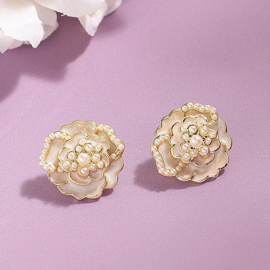 Korean Camellia Flower Pearl Stud Earrings