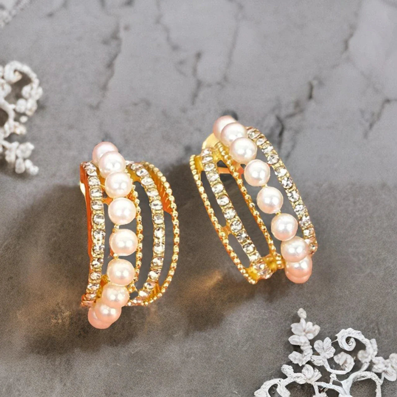 Korean Style Pearl Hoop CZ Dangle Earrings