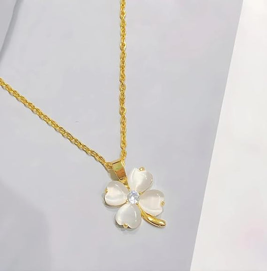 Gold Plated White Petal Four Leaf Clover Necklace