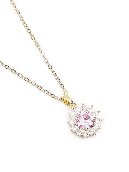 Gold Plated Pink CZ Floral Pendant Necklace